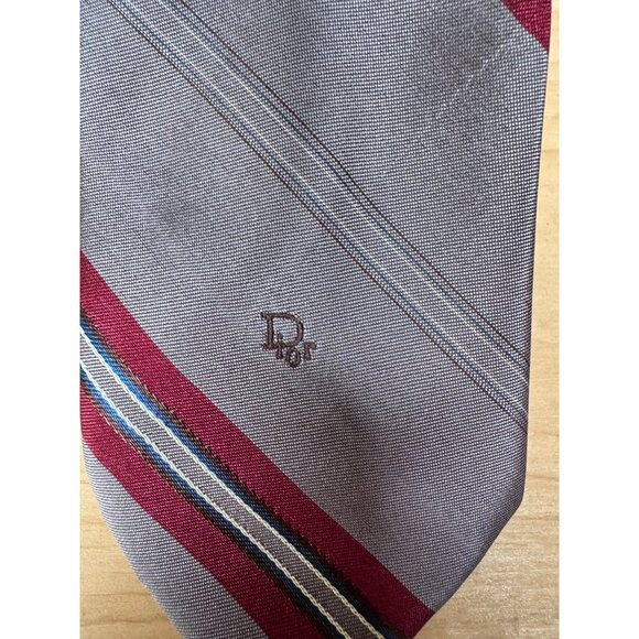 Vintage Christian Dior Men’s Tie Made in USA – Brown Red Stripe Polyester Silk - Picture 2 of 8